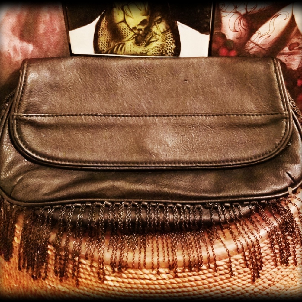 BCBG Black Leather Clutch w/ Chain Fringe
